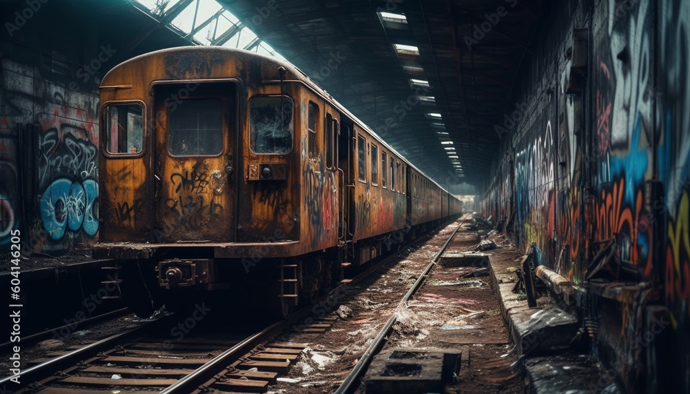 Vanishing point of old subway platform graffiti generated by AI
