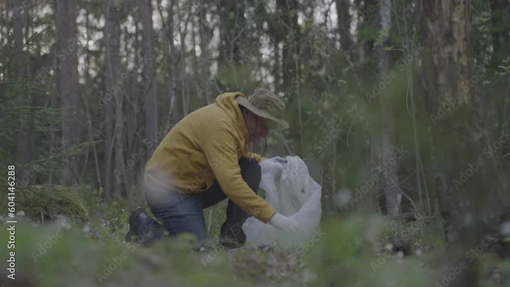 Old man collects plastic waste into white bag. Mature person takes care of cleanliness of forest. Activities for benefit of environment Old man collects plastic waste into white bag. Mature person takes care of cleanliness of forest. Activities for benefit of environment