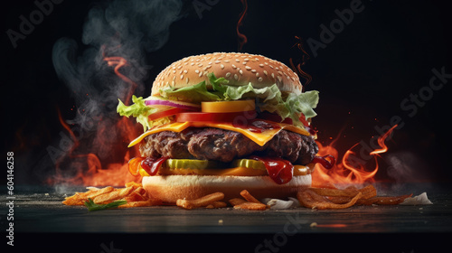 Big hamburger on the table with fire and dark background