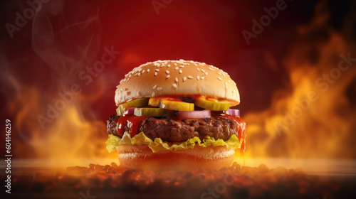 A burger with a red background and a fire behind it