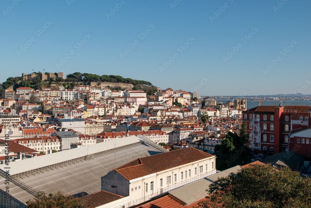 Lisbon, Portugal, view of the rooftops and river, European cityscape, view of Portuguese city