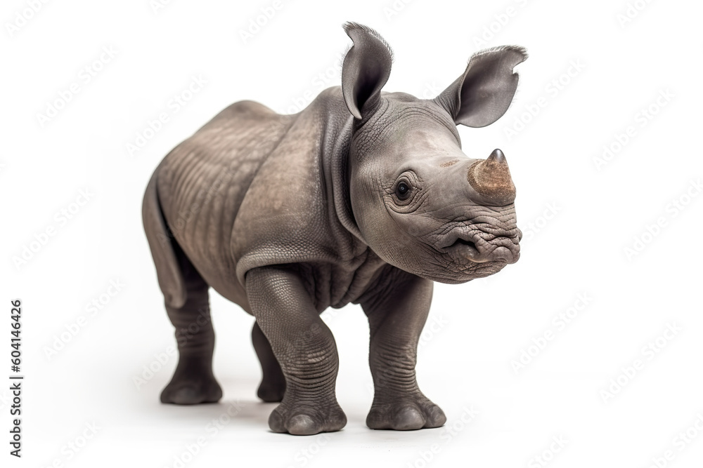 Fototapeta premium A toy rhino standing on a white surface. Generative AI.