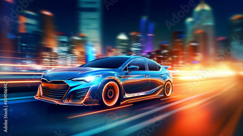 Futuristic Sports Car On Neon Highway wallpaper. Powerful acceleration of a supercar on a night track with colorful lights and trails. illustration. Generative Ai © adel