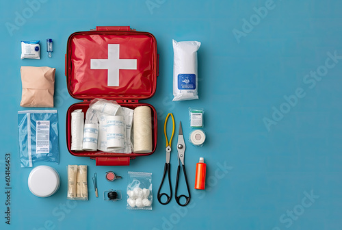 First aid kit top view on a blue background.  Tablets, band-aids, bandages, a thermometer, pills are laid out on the table. Created with generative AI technology photo