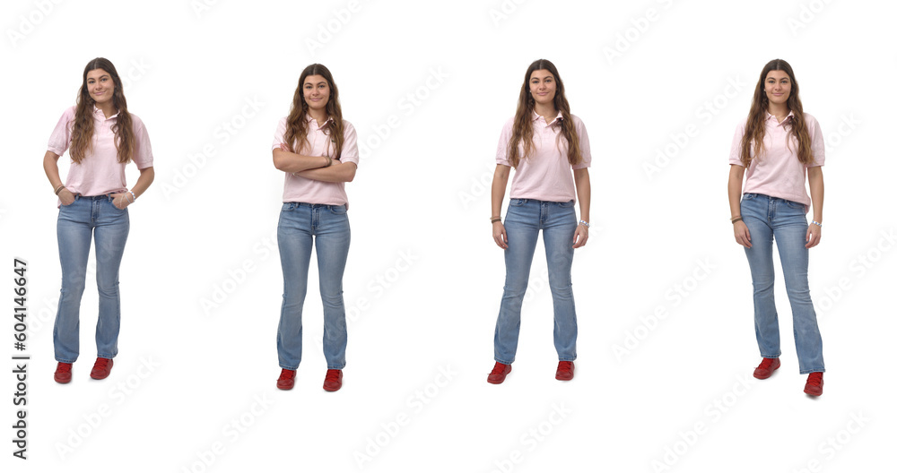 Obraz premium front view of a group same young girl standing on white background