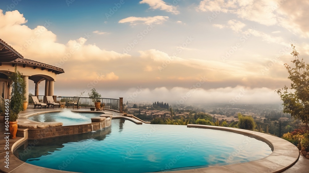 a luxury home with an outside swimming pool in southern California, atmospheric clouds in sky, sky is blue and bronze, lush scenery in background