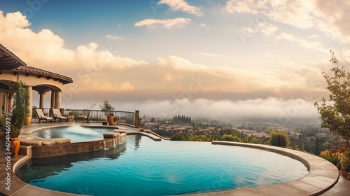 a luxury home with an outside swimming pool in southern California, atmospheric clouds in sky, sky is blue and bronze, lush scenery in background © Referential Labs LLC