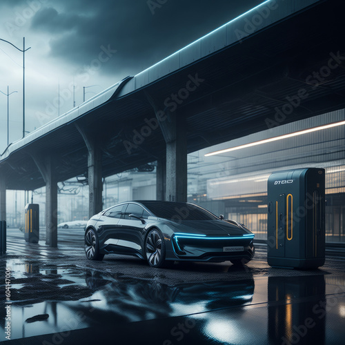 Modern electric car in a station with a dramatic scene