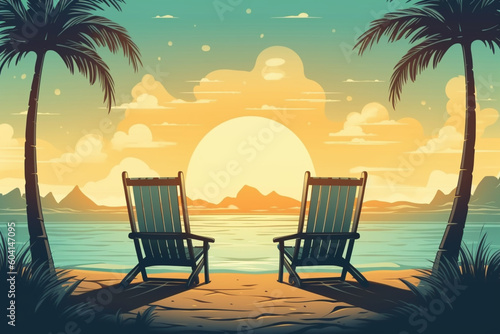 Beautiful summer background with beach. Beach, Sea, Palm Trees. Vector Background. Beach Chair Generative AI