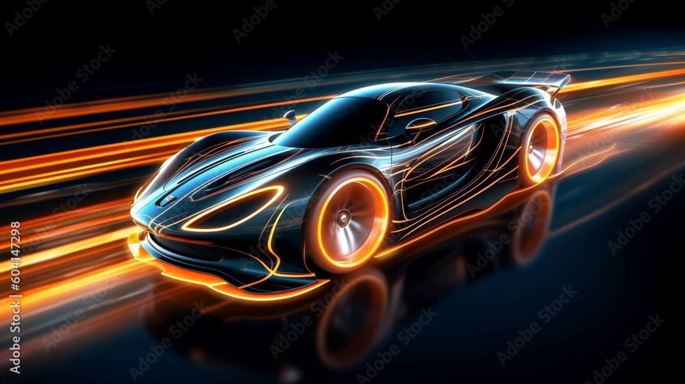 Futuristic Sports Car On Neon Highway wallpaper. Powerful acceleration of a supercar on a night track with colorful lights and trails. illustration. Generative Ai Futuristic Sports Car On Neon Highway wallpaper. Powerful acceleration of a supercar on a night track with colorful lights and trails. illustration. Generative Ai