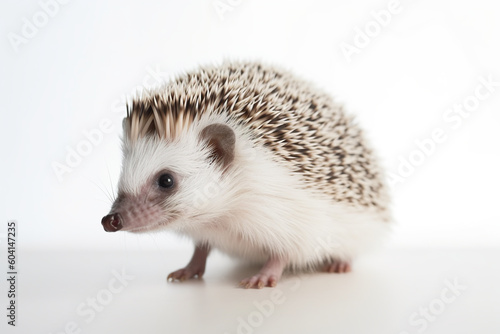 A small hedgehog sitting on top of a white table. Generative AI.