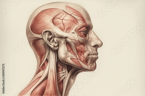 Human anatomy showing head, nose, face with muscular system visible Generative AI photo