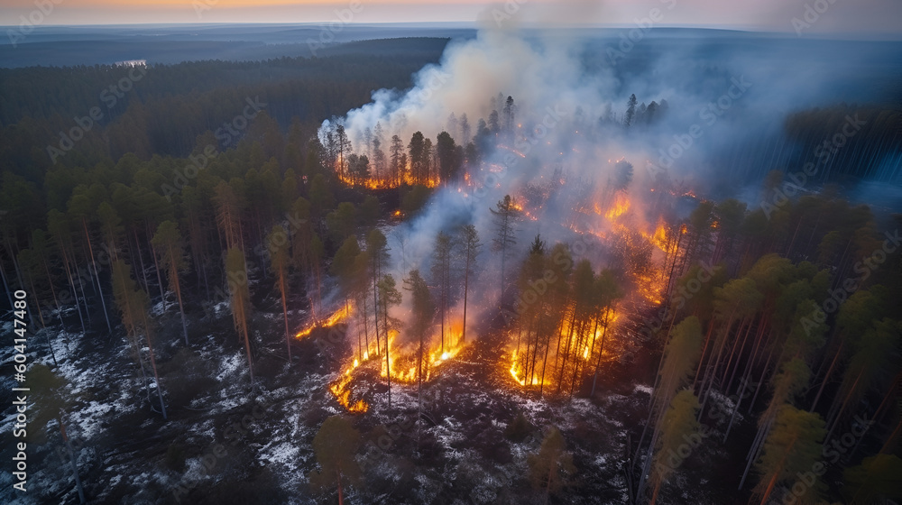 Top view of forest fire burning coniferous forest, burning taiga in siberia, ecology and earth protection problem, earth protection day, AI generated illustration