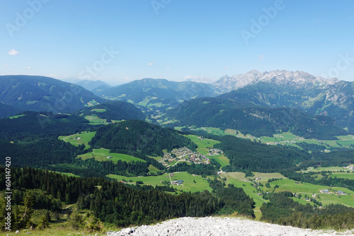 The view of Sarsteinalm from the trekking route to Hoher Sarstein mountain, Upper Austria region