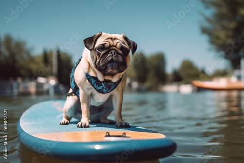 Small cute dog pug breed in funny sunglasses paddleboarding by SUP board at the lake during summertime Generative AI