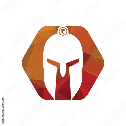 Greek warrior helmet, antiques roman helmet for head protection spartan helmet icon. India rupees sign descent shape and color flat design style. vector illustration