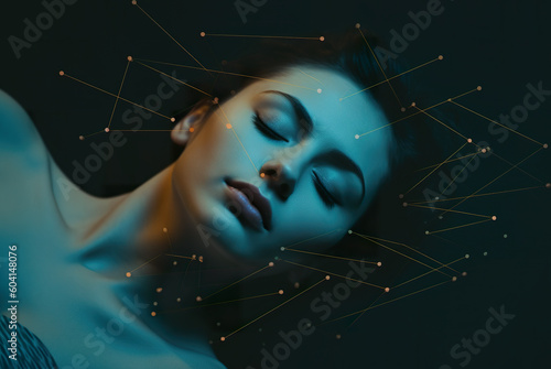 A woman laying down with her eyes closed. Generative AI. Illustration of REM, rapid eye movement sleep phase.