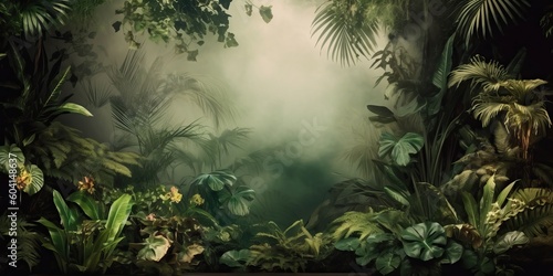 Fresh exotic jungle background with lots of copy space, generative ai