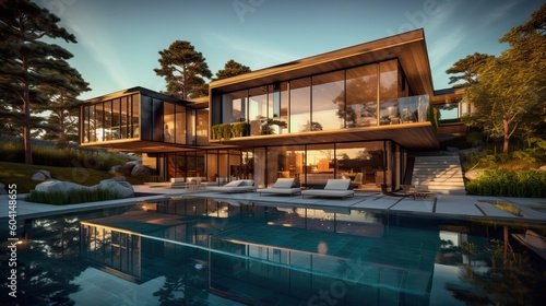 Modern house with pool in a natural environment, generative ai © FrankBoston