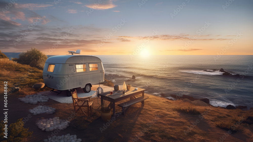 Camping by the sea. A camper and a table next to it, where a woman is sitting and looking at the sea. Created with generative AI technology Camping by the sea. A camper and a table next to it, where a woman is sitting and looking at the sea. Created with generative AI technology
