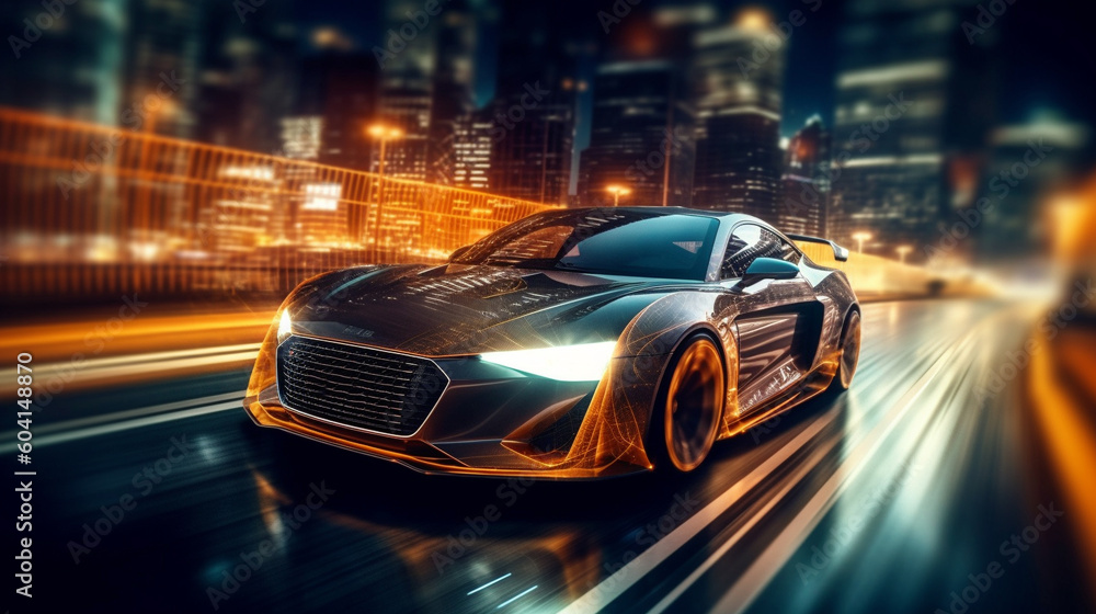 Futuristic Sports Car On Neon Highway wallpaper. Powerful acceleration of a supercar on a night track with colorful lights and trails.  illustration. Generative Ai