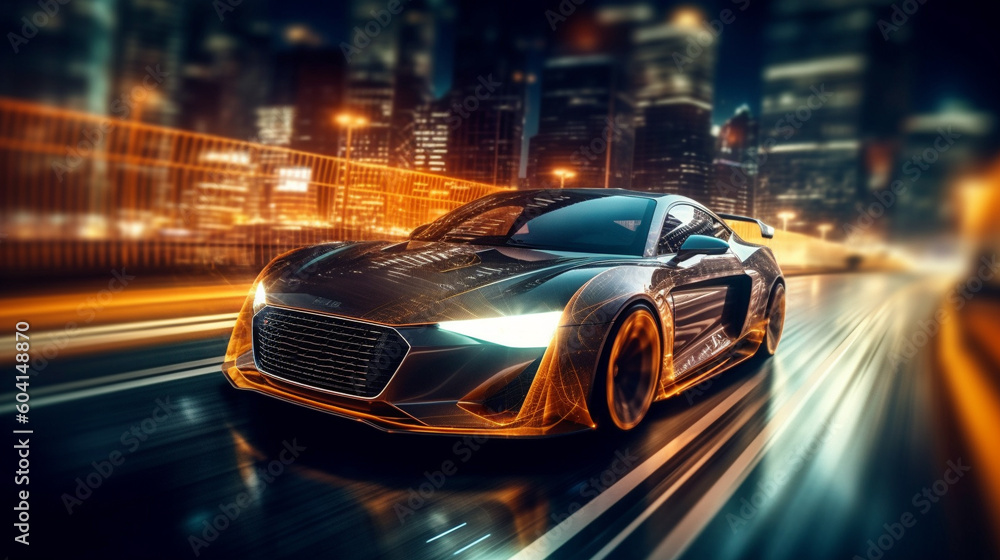 Futuristic Sports Car On Neon Highway wallpaper. Powerful acceleration of a supercar on a night track with colorful lights and trails. illustration. Generative Ai Futuristic Sports Car On Neon Highway wallpaper. Powerful acceleration of a supercar on a night track with colorful lights and trails. illustration. Generative Ai