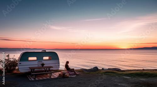 Camping by the sea. A camper and a table next to it, where a woman is sitting and looking at the sea. Created with generative AI technology