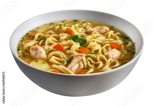 Chicken noodle soup on transparent background. Generative AI.