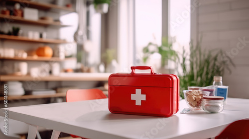 A first aid kit in a red box is on the table in the kitchen. Kitchen interior and medicine.  photo