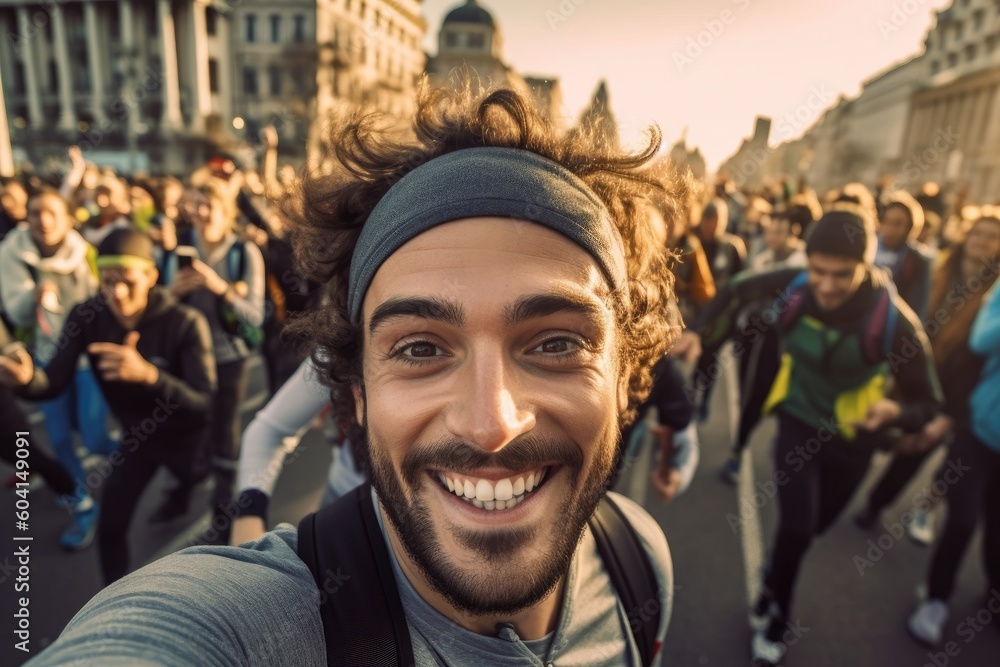 Male marathon runner is taking a selfie while running through a crowd of other runners, with the city skyline in the background , wide angle view. Generative AI Male marathon runner is taking a selfie while running through a crowd of other runners, with the city skyline in the background , wide angle view. Generative AI
