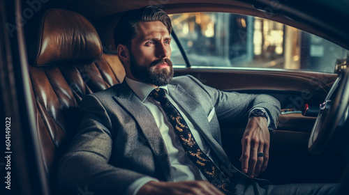 Generative Ai. a man sitting in the back of a car wearing a suit and tie  © PETR BABKIN