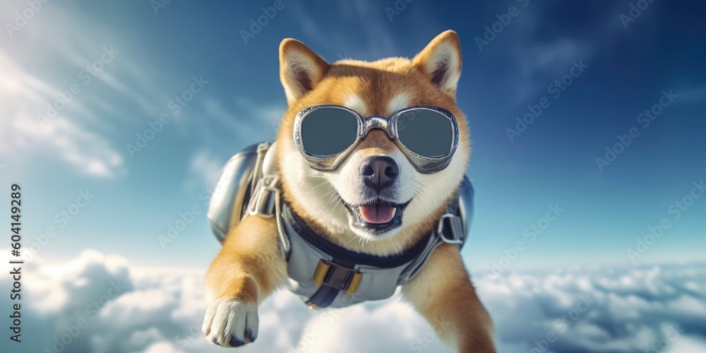 shiba inu dog sky diving and being air dropped wearing goggles created with generative AI shiba inu dog sky diving and being air dropped wearing goggles created with generative AI