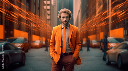 Generative Ai. a man in an orange suit is standing in the middle of a city © PETR BABKIN