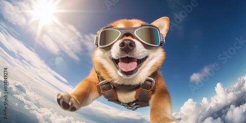 shiba inu dog sky diving and being air dropped wearing goggles created with generative AI © Joshua Resnick