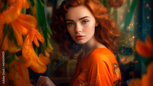 Generative Ai. a beautiful young woman with red curly hair wearing an orange shirt 