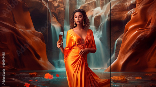 Generative Ai. a woman in an orange dress standing in front of a waterfall