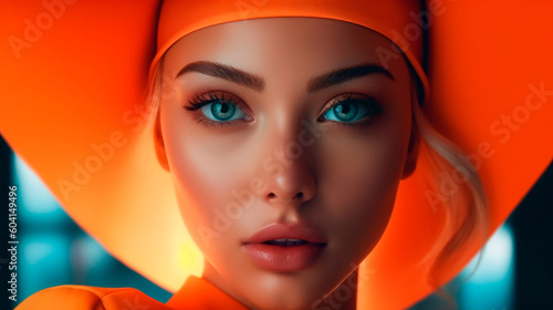 Generative Ai. a close - up of a woman 's face with a orange headscar
