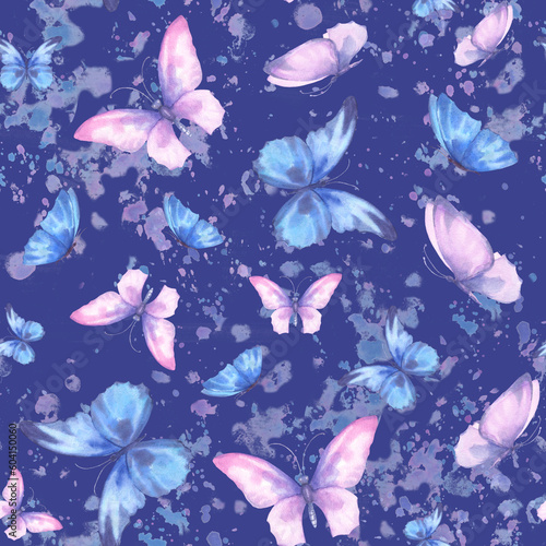 Cute butterflies hand drawn watercolor seamless pattern. Delicate blue and purple color butterflies with watercolor splash, watercolor illustration on blue background.