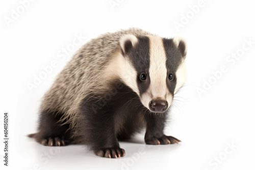 A small badger is standing on a white surface. Generative AI.
