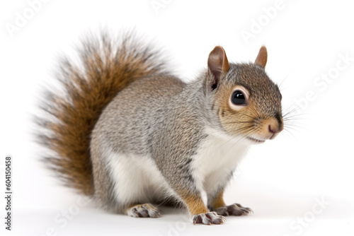 A squirrel is standing on a white surface. Generative AI.