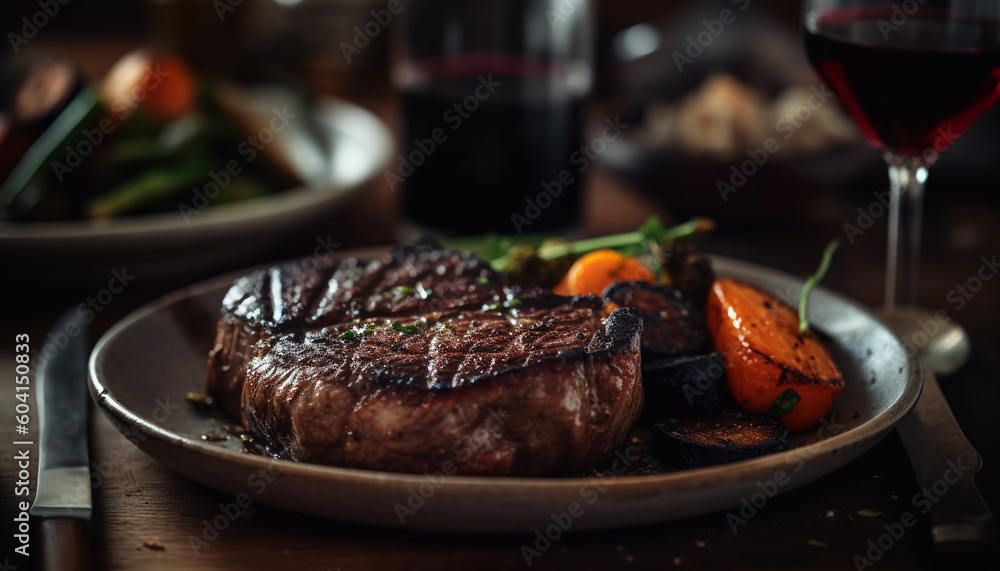 Grilled sirloin steak on rustic wooden plate generated by AI Grilled sirloin steak on rustic wooden plate generated by AI