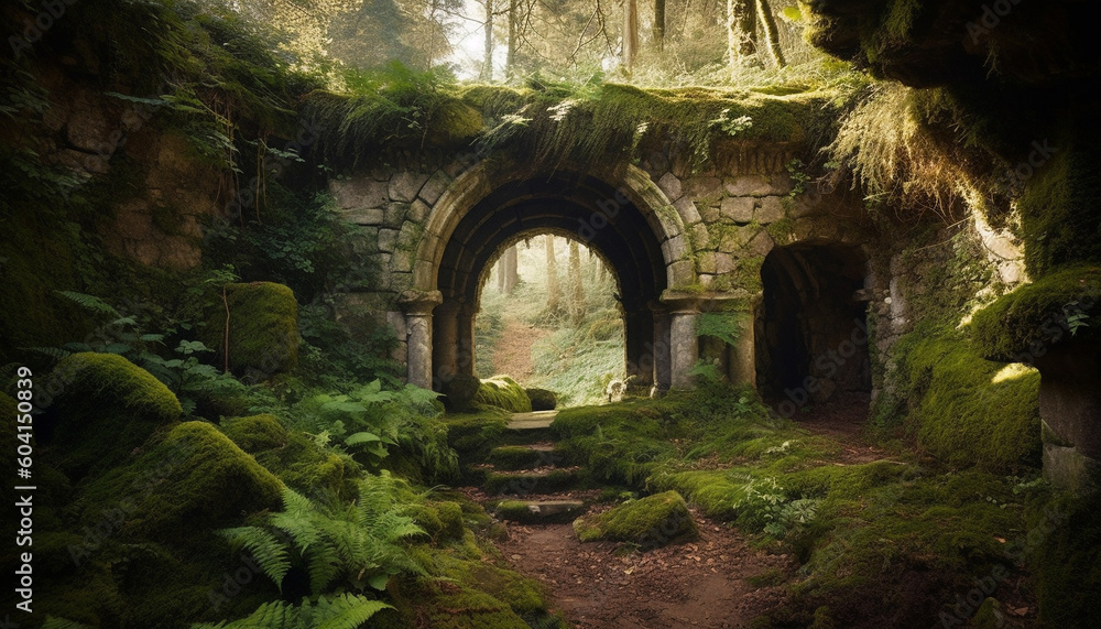 Ancient bridge arches over tranquil forest ravine generated by AI