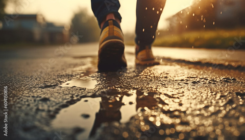 Running athletes splash through wet city streets generated by AI