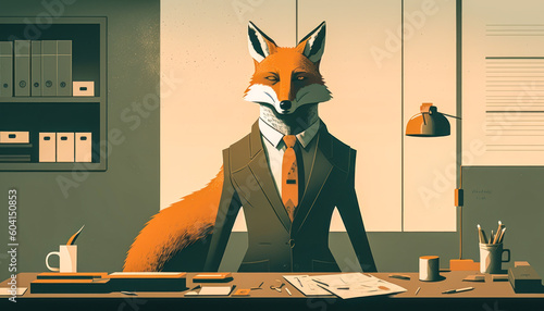 Captivating realistic illustration of a fox in business attire, exuding intelligence and professionalism while working at a modern minimalist desk; subtly emotive colors. Generative AI photo