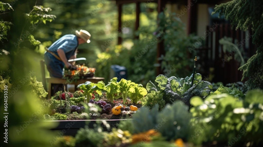 Eco-Friendly Harvest: Tending to a Sustainable Backyard Garden Filled with Homegrown Fruits and Vegetables Grown with Compost. Generative AI Eco-Friendly Harvest: Tending to a Sustainable Backyard Garden Filled with Homegrown Fruits and Vegetables Grown with Compost. Generative AI