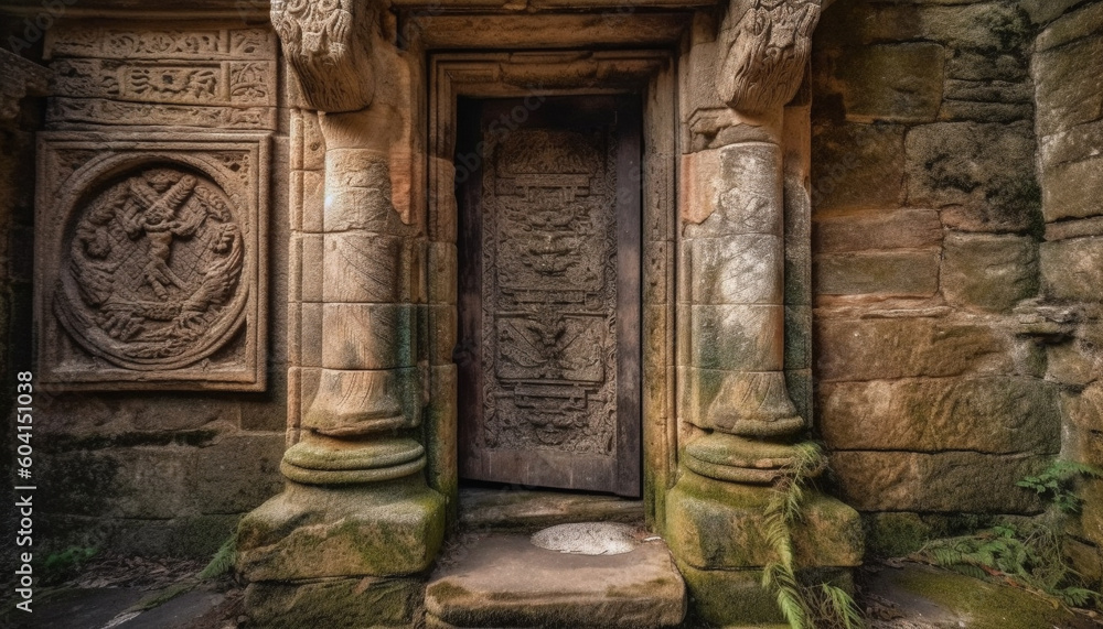 Stone sculptures adorn ancient ruins of Angkor generated by AI