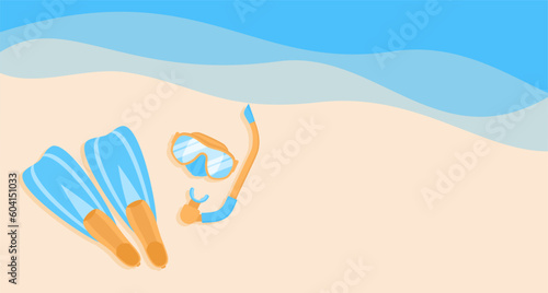 Diving flippers and mask with snorkel on sand near sea waves, top view. Flat vector illustration