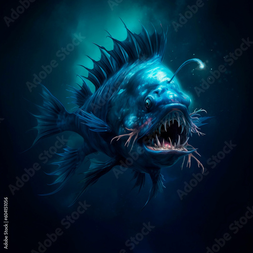 Angler fish on background of dark blue water realistic illustration art. Scary deep-sea fish predator In the depths of the ocean. Place for text. © Konstantin Gerasimov