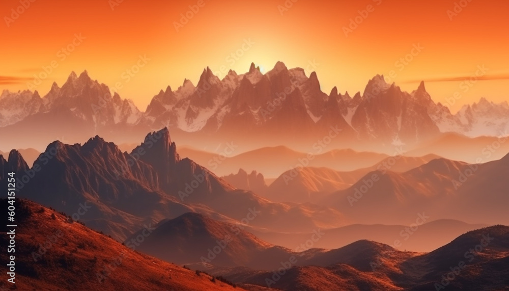 Obraz premium Majestic mountain range, back lit by sunset generated by AI