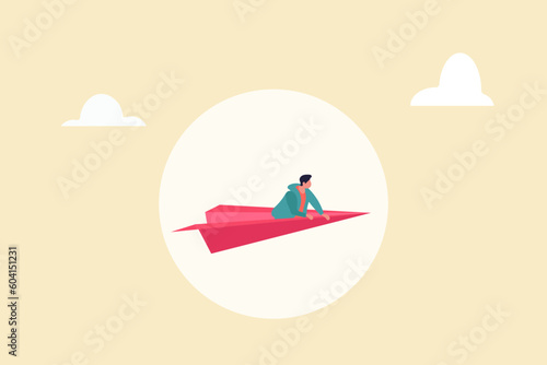 Businessman flying on paper plane. concept of leadership, power, strength, motivation, ambition and success